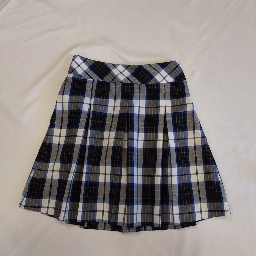School Apparel Black White Blue Plaid Pleated Skirt W/Shorts 29" Waist x 20.5" L